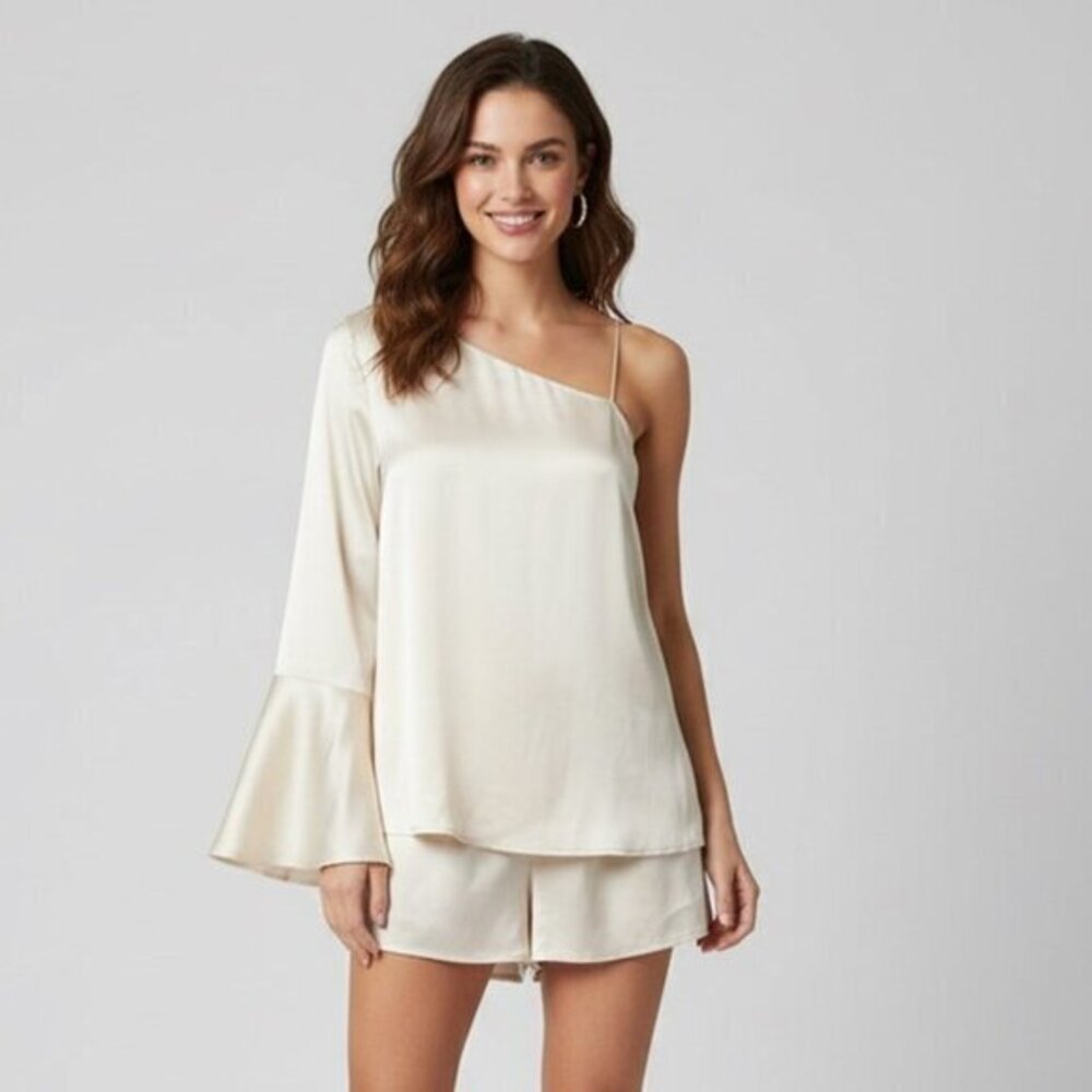 Sabo Skirt Luxe Satin Romper One Shoulder Flare Long Sleeve Playsuit Jumpsuit